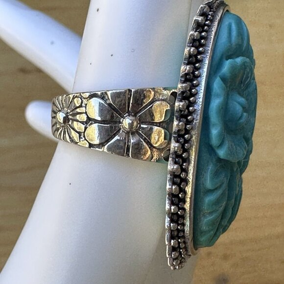 VTG Amy Kahn Russell Sterling Silver Ring Sz 5.75 Floral Carved Turquoise‎ 16.3g - Picture 4 of 8